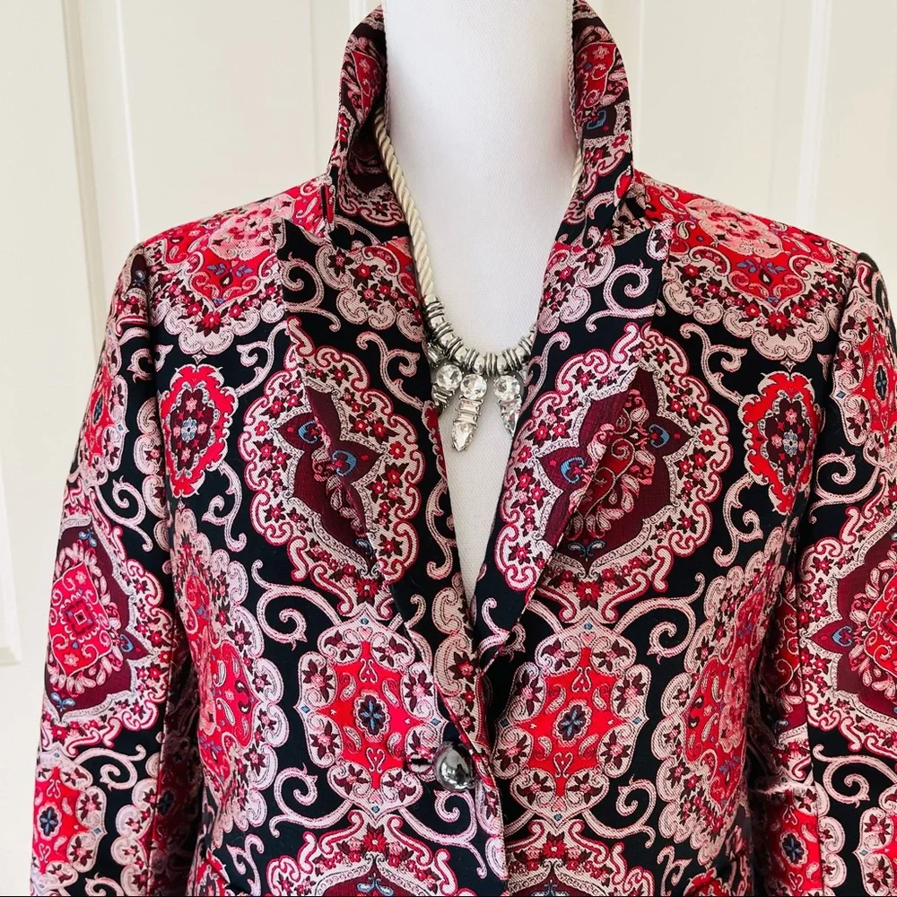 Kate Spade red black brocade jacket 2